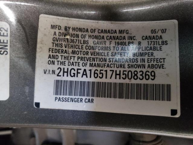 Photo 10 from auction – 2007 HONDA CIVIC LX with VIN 2HGFA16517H508369