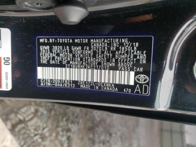 Photo 10 from auction – 2019 TOYOTA COROLLA L with VIN 2T1BURHE2KC217012