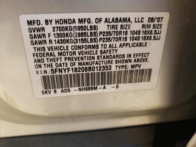 Photo 10 from auction – 2008 HONDA PILOT VP with VIN 5FNYF18208B012353