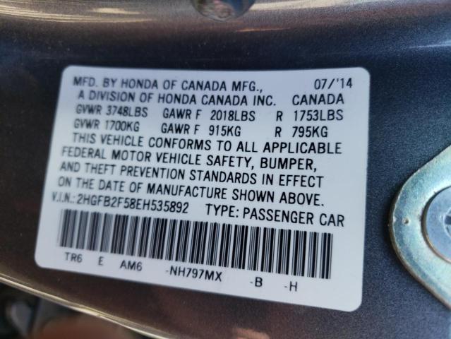 Photo 10 from auction – 2014 HONDA CIVIC LX with VIN 2HGFB2F58EH535892