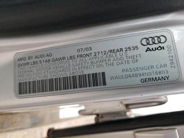 Photo 10 from auction – 2004 AUDI A6 2.7T QU with VIN WAULD64B94N016803