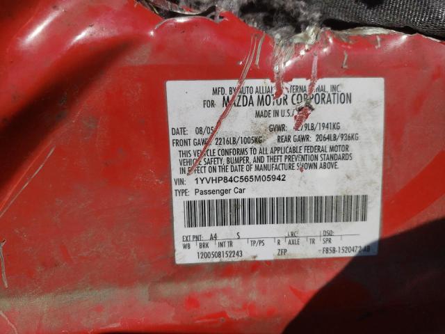 Photo 10 from auction – 2006 MAZDA 6 I with VIN 1YVHP84C565M05942