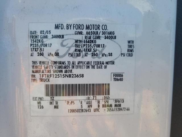 Photo 10 from auction – 2005 FORD F150 with VIN 1FTRF12515NB23658