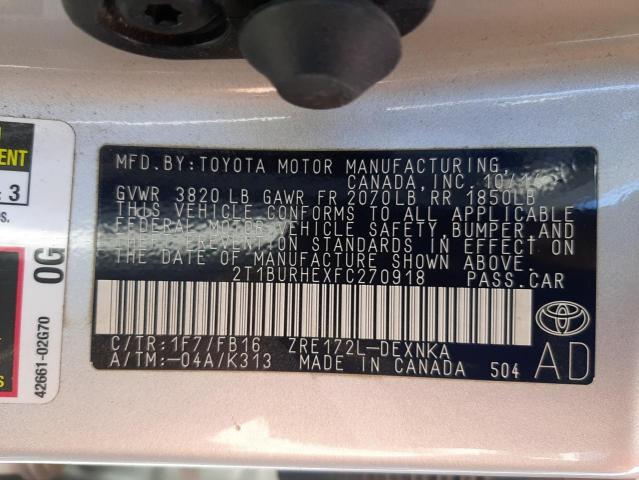 Photo 10 from auction – 2015 TOYOTA COROLLA L with VIN 2T1BURHEXFC270918