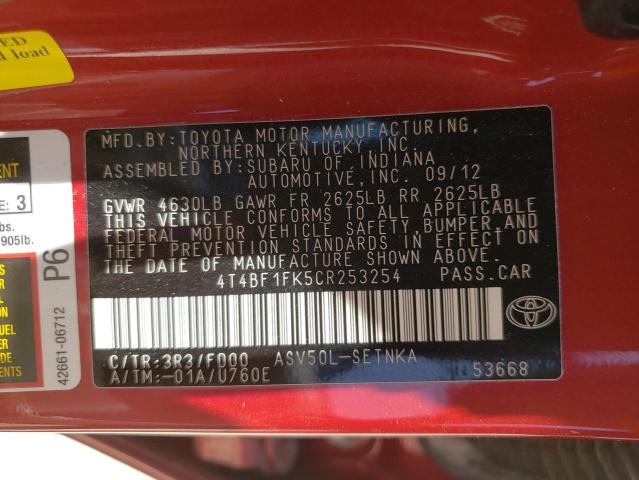 صورة رقم 10 من المزاد - 2012 TOYOTA CAMRY BASE مع VIN 4T4BF1FK5CR253254