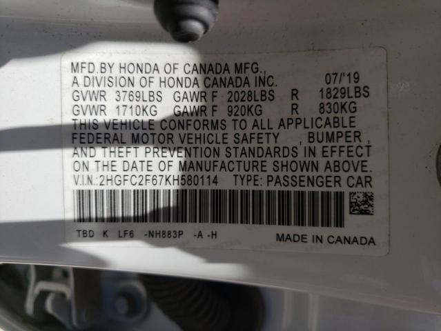 Photo 10 from auction – 2019 HONDA CIVIC LX with VIN 2HGFC2F67KH580114
