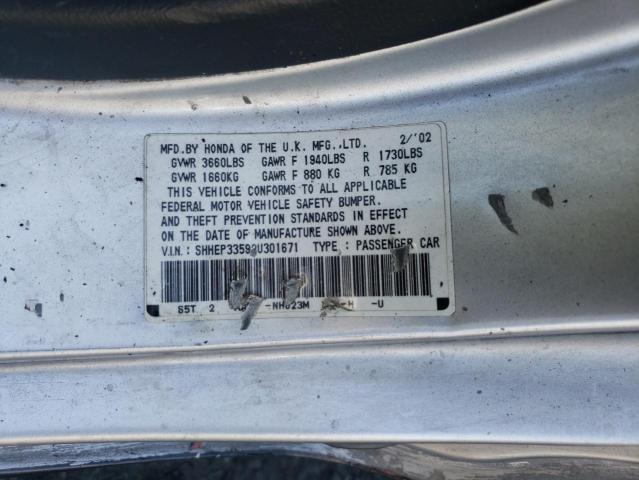 Photo 10 from auction – 2002 HONDA CIVIC SI with VIN SHHEP33592U301671