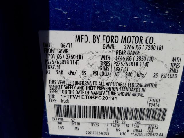 Photo 10 from auction – 2011 FORD F150 SUPER with VIN 1FTFW1ET0BFC20191
