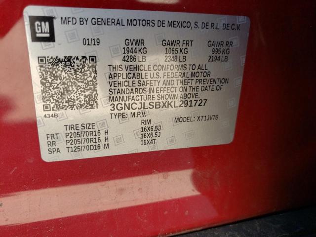 Photo 10 from auction – 2019 CHEVROLET TRAX 1LT with VIN 3GNCJLSBXKL291727