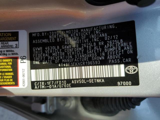 Photo 10 from auction – 2012 TOYOTA CAMRY BASE with VIN 4T4BF1FK4CR196593