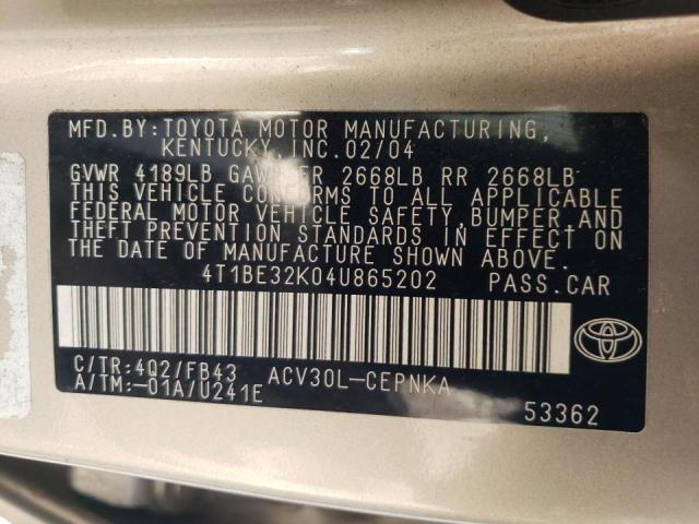 Photo 10 from auction – 2004 TOYOTA CAMRY LE with VIN 4T1BE32K04U865202