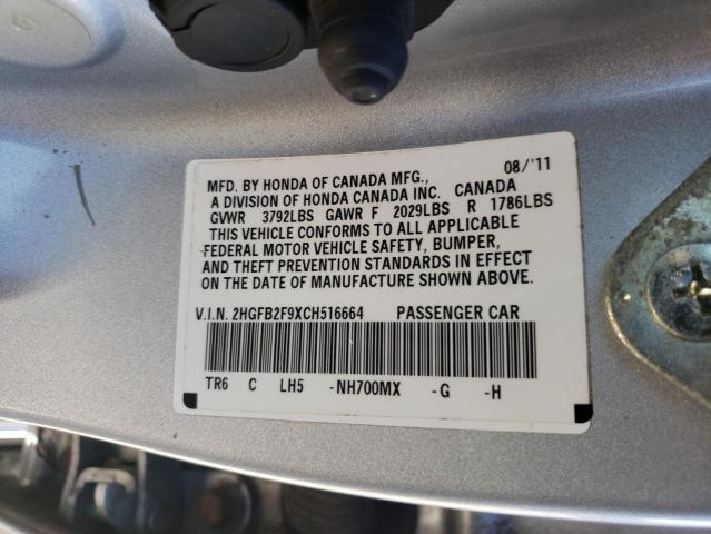 Photo 10 from auction – 2012 HONDA CIVIC EXL with VIN 2HGFB2F9XCH516664