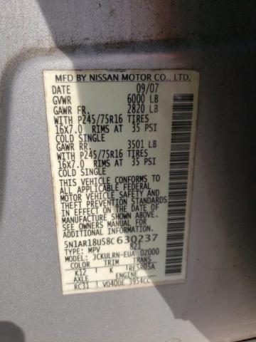 Photo 10 from auction – 2008 NISSAN PATHFINDER with VIN 5N1AR18U58C630237