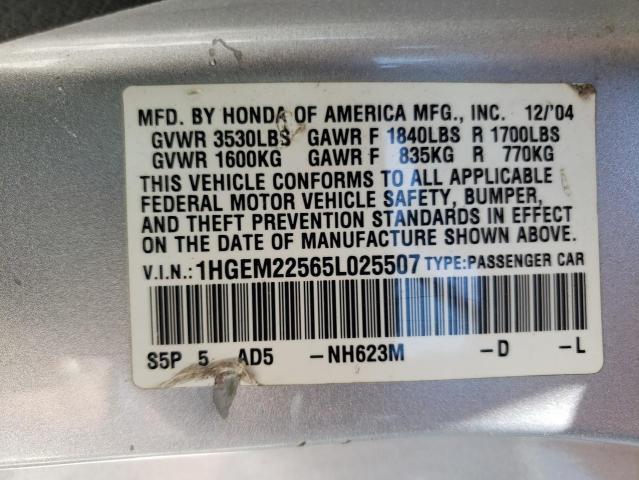Photo 10 from auction – 2005 HONDA CIVIC LX with VIN 1HGEM22565L025507
