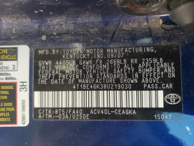 Photo 10 from auction – 2008 TOYOTA CAMRY CE with VIN 4T1BE46K38U219030