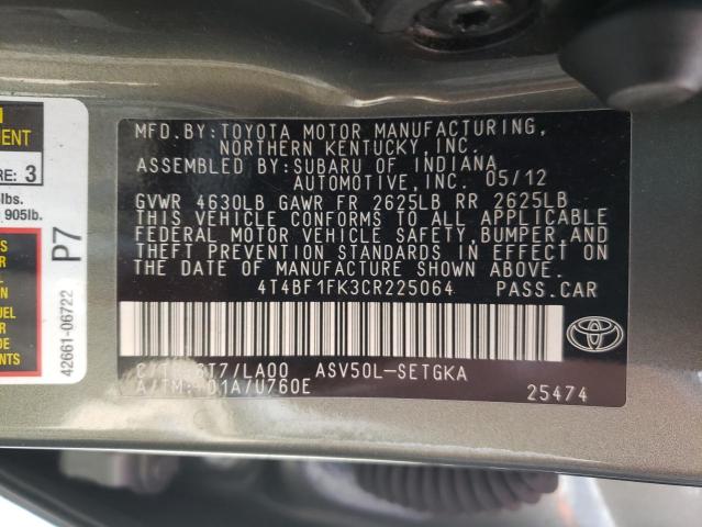 Photo 10 from auction – 2012 TOYOTA CAMRY BASE with VIN 4T4BF1FK3CR225064