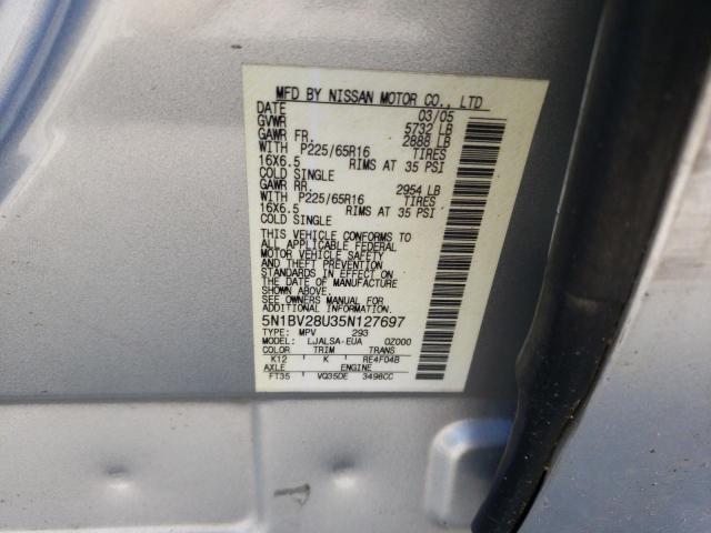 Photo 10 from auction – 2005 NISSAN QUEST S with VIN 5N1BV28U35N127697