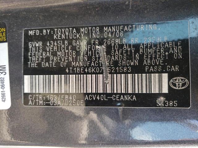 Photo 10 from auction – 2007 TOYOTA CAMRY CE with VIN 4T1BE46K07U521583