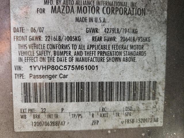 Photo 10 from auction – 2007 MAZDA 6 I with VIN 1YVHP80C575M61001