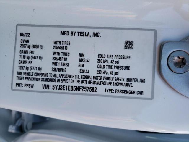 Photo 10 from auction – 2022 TESLA MODEL 3 with VIN 5YJ3E1EB5NF257582