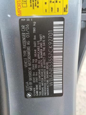 Photo 10 from auction – 2007 BMW 525 I with VIN WBANE53557CK92701