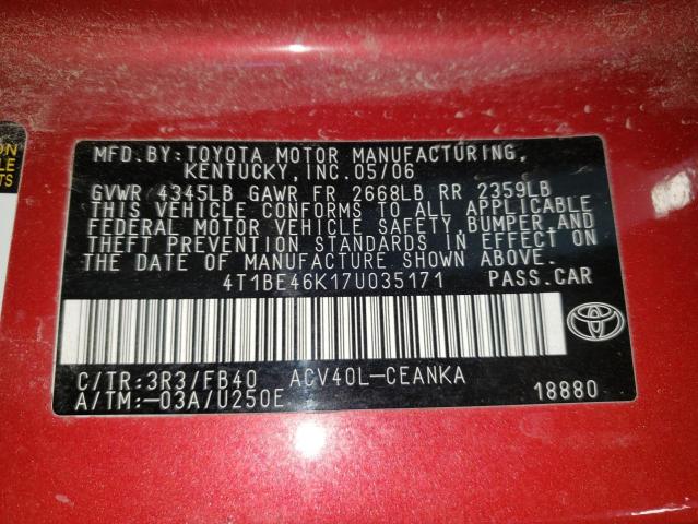 Photo 10 from auction – 2007 TOYOTA CAMRY CE with VIN 4T1BE46K17U035171