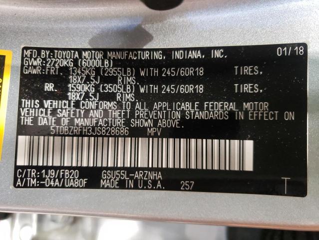Photo 10 from auction – 2018 TOYOTA HIGHLANDER with VIN 5TDBZRFH3JS828686