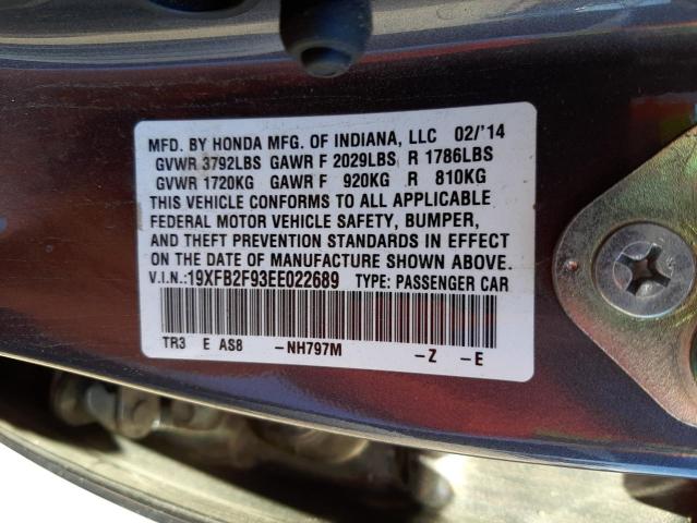 Photo 10 from auction – 2014 HONDA CIVIC EXL with VIN 19XFB2F93EE022689