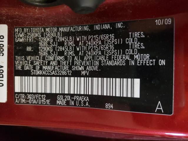 Photo 10 from auction – 2010 TOYOTA SIENNA CE with VIN 5TDKK4CC5AS328612
