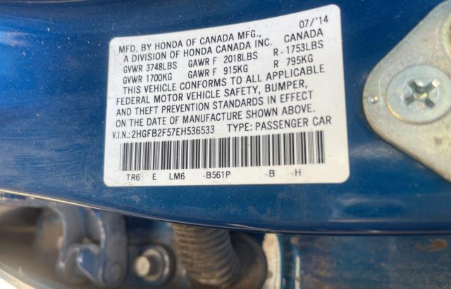 Photo 10 from auction – 2014 HONDA CIVIC LX with VIN 2HGFB2F57EH536533