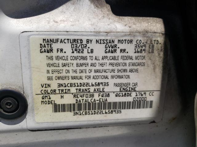 Photo 10 from auction – 2002 NISSAN SENTRA XE with VIN 3N1CB51D22L658935