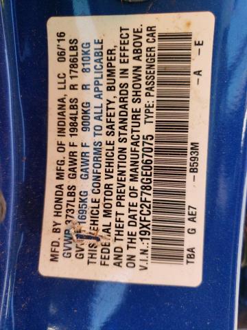 Photo 10 from auction – 2016 HONDA CIVIC EX with VIN 19XFC2F78GE067075