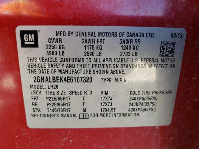 Photo 10 from auction – 2014 CHEVROLET EQUINOX LT with VIN 2GNALBEK4E6107320