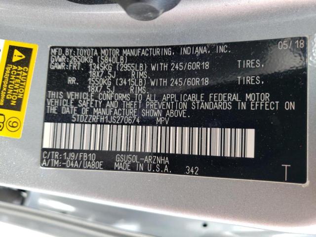 Photo 10 from auction – 2018 TOYOTA HIGHLANDER with VIN 5TDZZRFH1JS270674