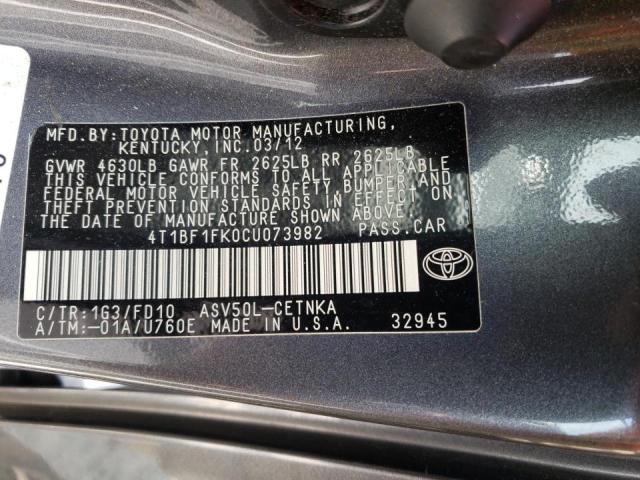 Photo 10 from auction – 2012 TOYOTA CAMRY BASE with VIN 4T1BF1FK0CU073982