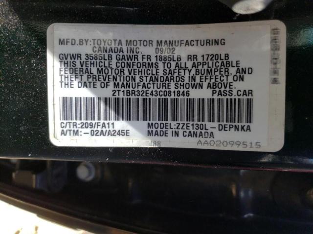 Photo 10 from auction – 2003 TOYOTA COROLLA CE with VIN 2T1BR32E43C081846