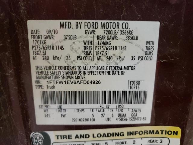 Photo 10 from auction – 2010 FORD F150 SUPER with VIN 1FTFW1EV6AFD64926