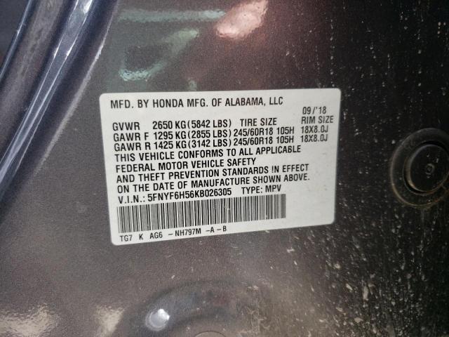 Photo 10 from auction – 2019 HONDA PILOT EXL with VIN 5FNYF6H56KB026305