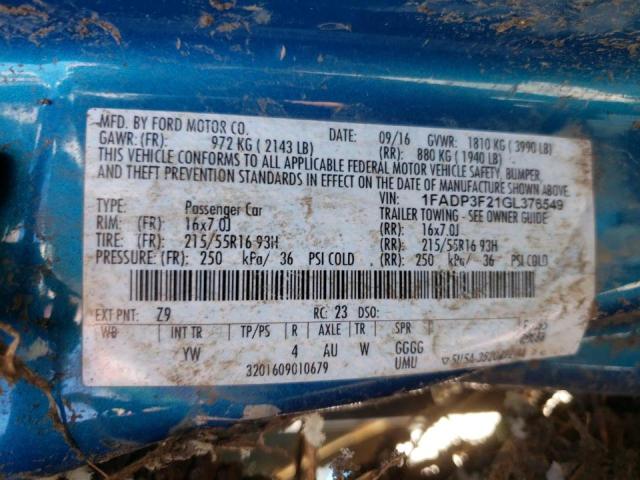 Photo 10 from auction – 2016 FORD FOCUS SE with VIN 1FADP3F21GL376549