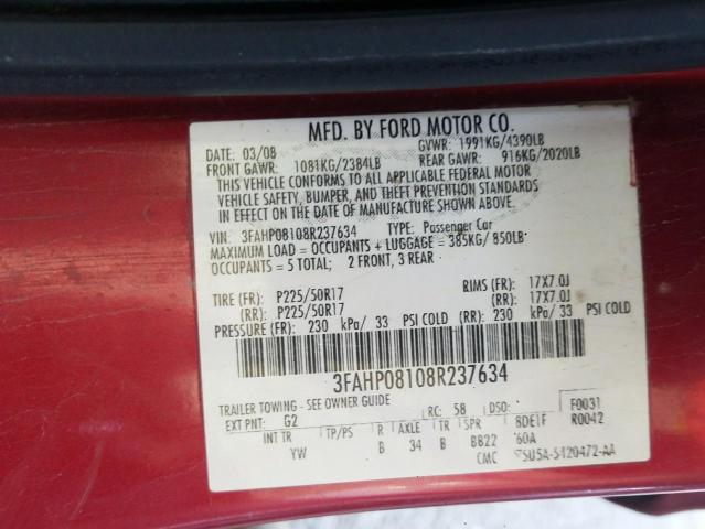 Photo 10 from auction – 2008 FORD FUSION with VIN 3FAHP08108R237634