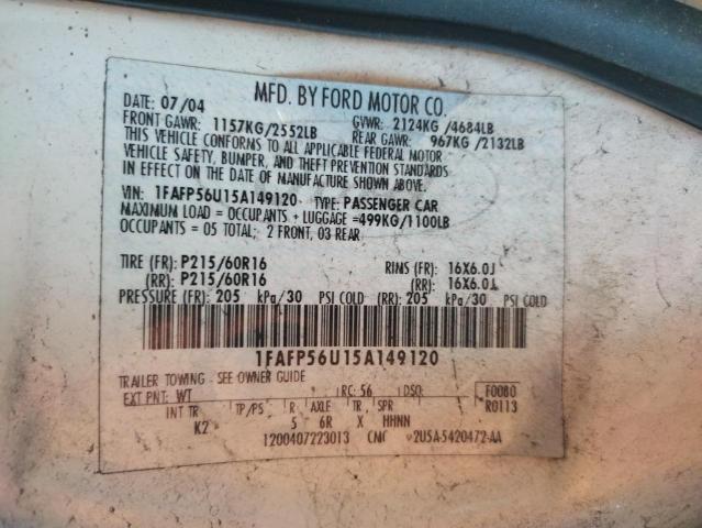 Photo 10 from auction – 2005 FORD TAURUS SEL with VIN 1FAFP56U15A149120
