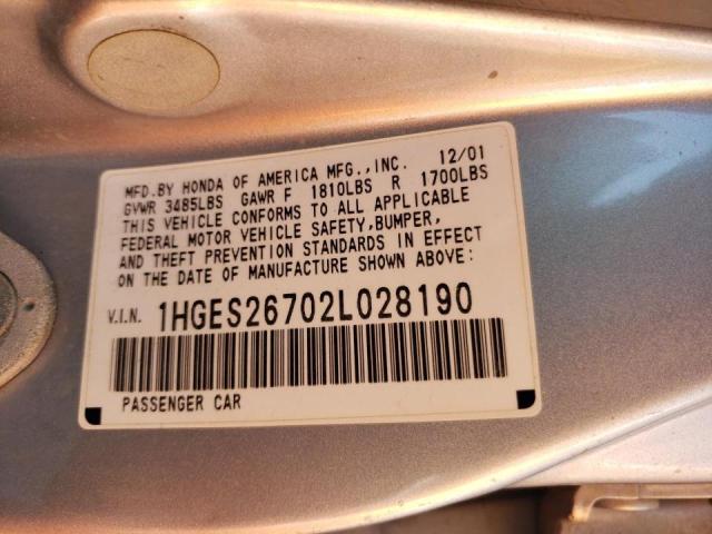 Photo 10 from auction – 2002 HONDA CIVIC with VIN 1HGES26702L028190