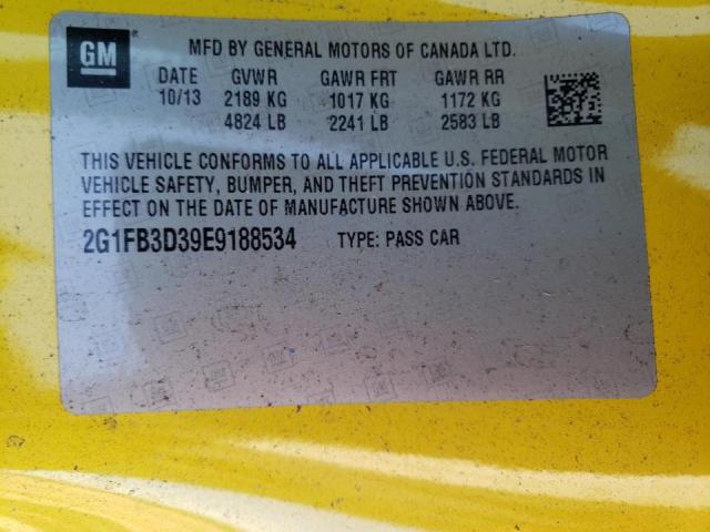 Photo 10 from auction – 2014 CHEVROLET CAMARO LT with VIN 2G1FB3D39E9188534