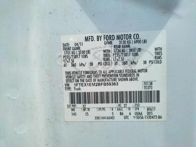 Photo 10 from auction – 2011 FORD F-150 with VIN 1FTEX1EM2BFB59363