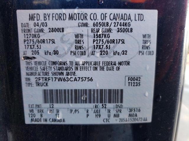 Photo 10 from auction – 2003 FORD F150 with VIN 2FTRF17W63CA75756