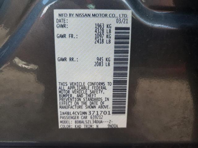 Photo 10 from auction – 2021 NISSAN ALTIMA SR with VIN 1N4BL4CV1MN371701