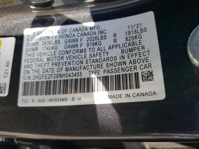 Photo 10 from auction – 2022 HONDA CIVIC LX with VIN 2HGFE2F28NH543455