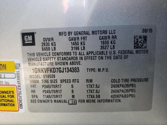 Photo 10 from auction – 2016 CHEVROLET TRAVERSE L with VIN 1GNKVFKD7GJ134383