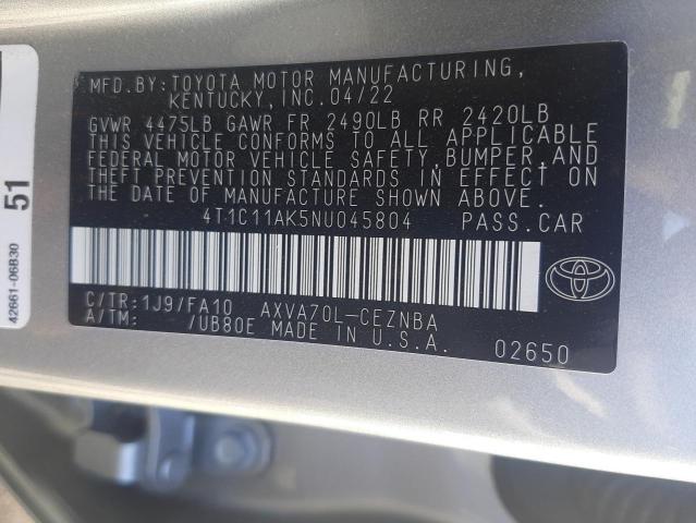 Photo 10 from auction – 2022 TOYOTA CAMRY LE with VIN 4T1C11AK5NU045804