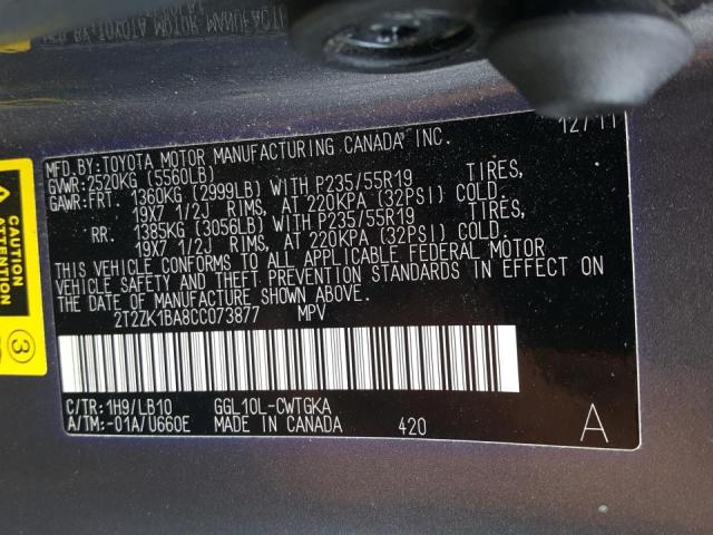 Photo 10 from auction – 2012 LEXUS RX 350 with VIN 2T2ZK1BA8CC073877